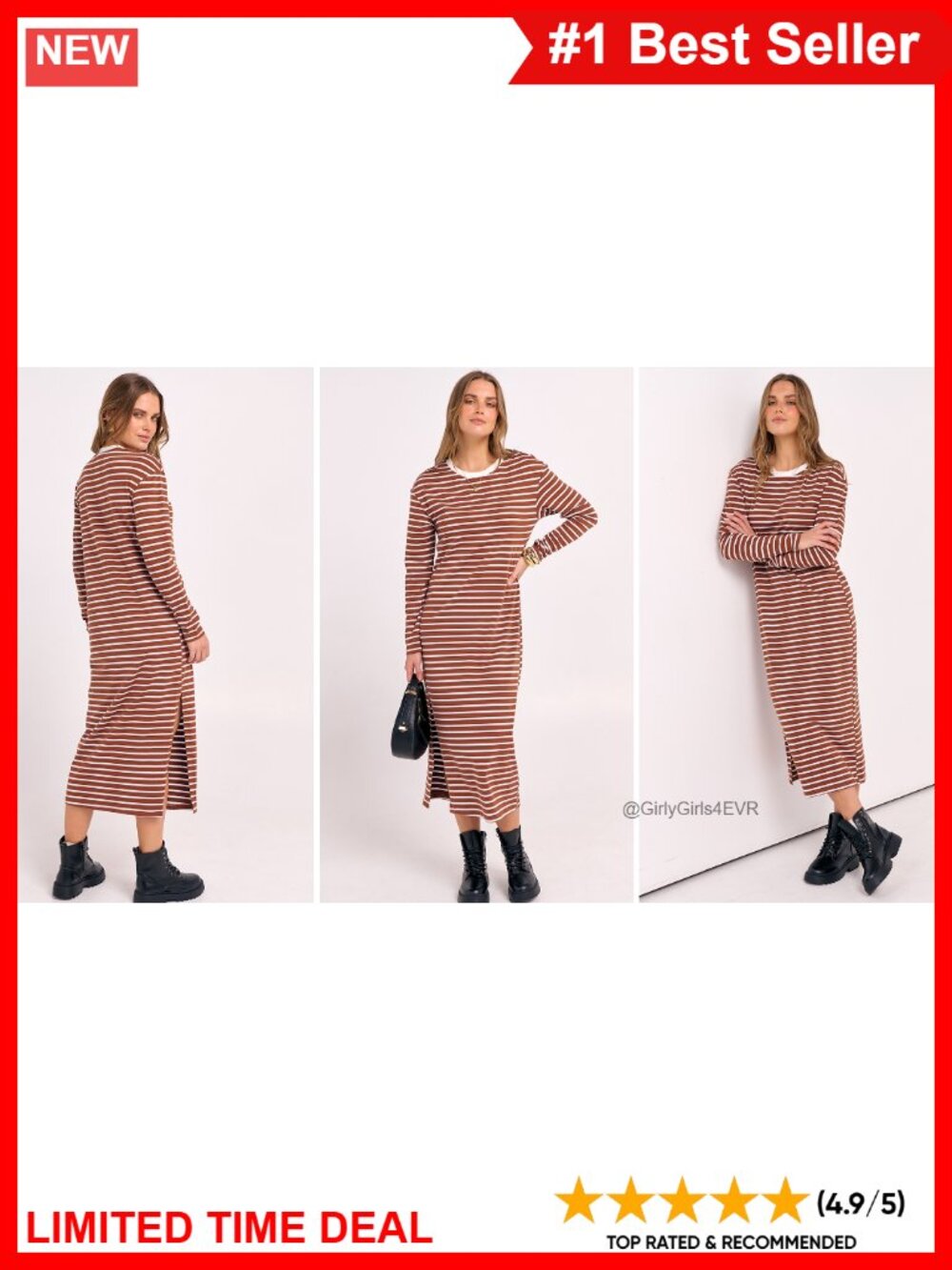 Women's Long Sleeve Midi T Shirt Dress Side Split Casual - Picture 6 of 6